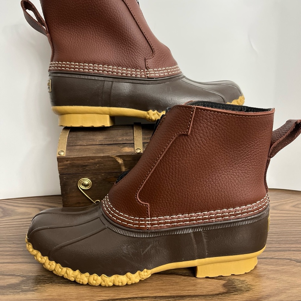 LL Bean Brown Leather 7" Front Zip Fleece Lined Insulated Duck Boots Women sz 9 - Picture 2 of 12